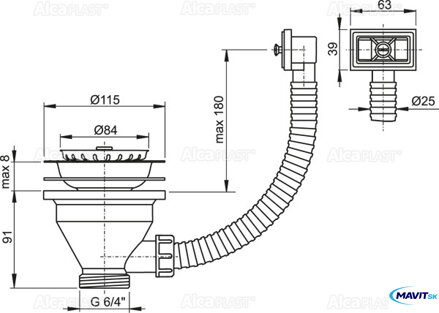 Pileta 6/4" EURO drezová 115mm ALCA A38/prepad/ Pileta 6/4" EURO drezová 115mm ALCA A38/prepad/